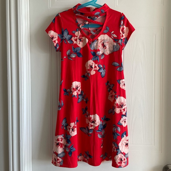 Floral Red Dress with Criss-cross Front V-neck - Picture 1 of 9